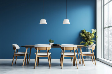 Modern Apartment Interior Design with Blue Wall and Minimalist Dining Room in 3D Rendering