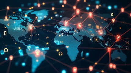 Obraz premium Global Network with Red Connections and Blue World Map