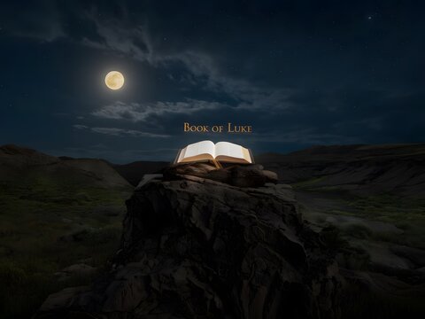 An open Bible glows atop a dark, rocky cliff, with Book of Luke in golden letters above