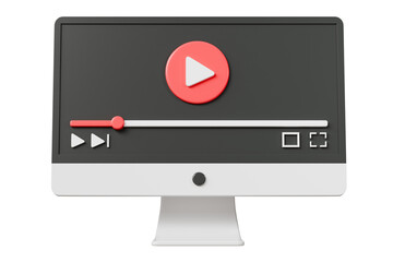 3d Realistic Computer screen playing videos browser icon isolated on white background. Minimal red videos player icon. Playing video player entertainment concept, streaming videos concept. 3d render.
