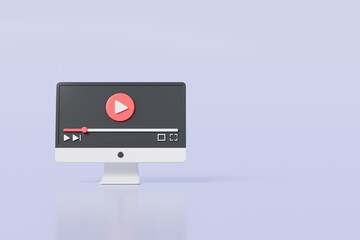 3d Realistic Computer screen playing videos browser icon isolated on white background. Minimal red videos player icon. Playing video player entertainment concept, streaming videos concept. 3d render.