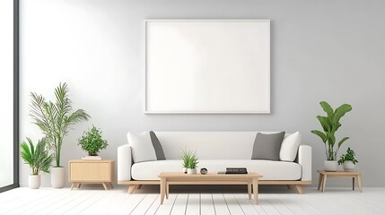A modern minimalist living room with a sleek white sofa, light wooden furniture, and a blank white frame hanging above a coffee table, creating a fresh and airy feel. 