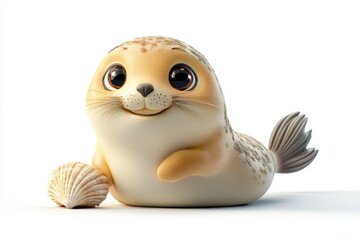 A cute cartoon seal holding a shell in its mouth