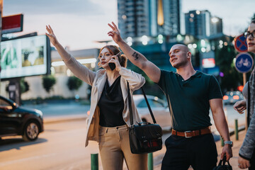 City life at night with business professionals hailing taxis. Busy street with modern buildings in the background. Woman on phone and man raising hand.