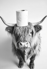 Highland cow with toilet paper roll balanced on its head, in a quirky pose.