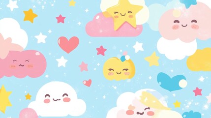 Cute cartoon clouds and stars in a dreamy sky backdrop.
