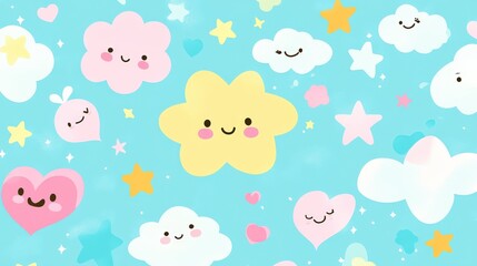 Cheerful pastel cartoon clouds and stars on a blue sky background.