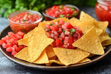 A plate of tortilla chips topped with fresh salsa and served with additional salsa on the side.