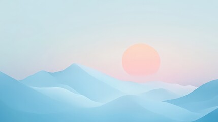 Serene pastel landscape with gentle hills and a soft pink sunrise.