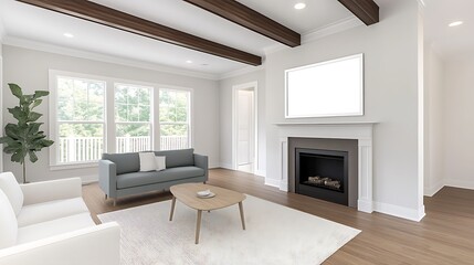 A cozy traditional living room featuring dark wooden beams, a warm color palette, and a blank white frame above the fireplace, ready for a family portrait or artwork.