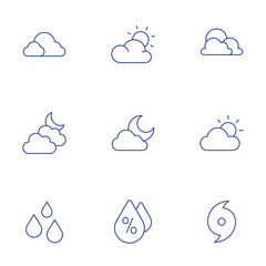 Weather icons set. Thin Line style, editable stroke. cloudy, hurricane, clouds, cloudy night, humidity