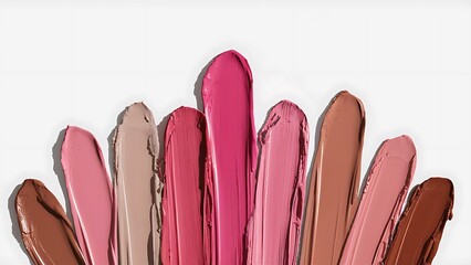 Fototapeta premium Top view of pink, beige and brown abstract brushstrokes of lipstick isolated on white