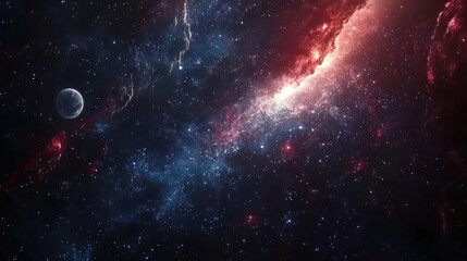 Vast cosmic landscape with colorful nebulae and distant planet.