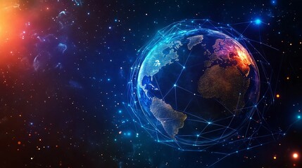 A Digital Representation of the Earth Connected by Lines and Nodes in a Starry Background