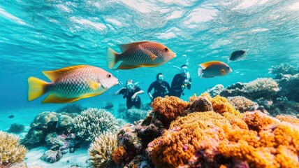 A group of friends snorkeling in the crystalclear waters of the Great Barrier Reef, surrounded by colorful coral and fish   Great Barrier Reef, snorkeling, underwater travel