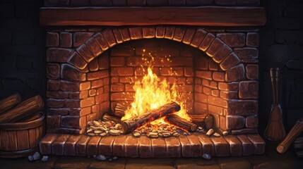 Cozy fireplace with roaring flames and stacked firewood.