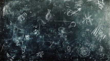 Dark chalkboard with abstract chalk drawings and doodles.