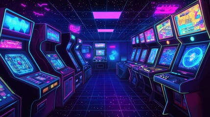 Retro arcade room glowing with vibrant neon lights and classic game machines.