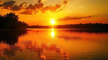 Fototapeta premium Vibrant Sunset Over Calm Waters with Copper Hues