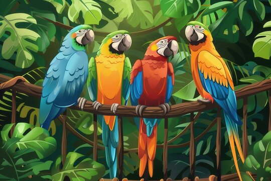 Four bright parrots are perched together in a beautifully designed cage amidst lush tropical plants, showcasing their vivid colors. Generative AI