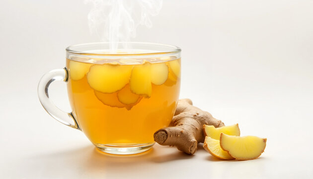 Steaming ginger tea with ginger root and ginger slices in a clear glass mug on a light background