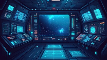 Futuristic spaceship cockpit with starry galaxy view.