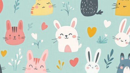 Cute animals pattern with rabbits and cats on a soft blue background.