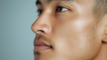 Closeup of an Asian man s face, smooth skin illuminated by soft, side lighting for a classic portrait effect   side lighting, smooth skin, portrait