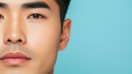 Fototapeta premium Closeup of an Asian man s face with perfectly smooth, eventoned skin, giving a fresh, youthful appearance eventoned skin, smooth complexion, youthful look