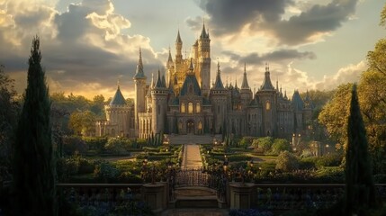 Fototapeta premium Enchanting castle surrounded by lush gardens at sunset.
