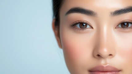 Fototapeta premium Closeup of an Asian man s face with smooth skin and subtle highlights along the cheekbones and nose subtle highlights, smooth skin, sharp features
