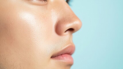 Obraz premium Closeup of an Asian man s face with smooth, glowing skin, highlighted by natural outdoor light outdoor light, glowing skin, smooth complexion