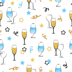 Champagne and wine glasses seamless pattern. Celebration vector background	