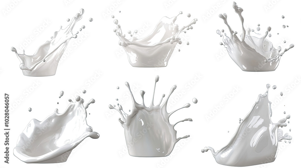 Poster dynamic milk splashes and pours on white background generative ai