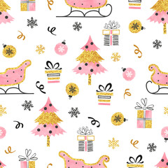 Seamless pattern with Christmas decorations. Vector holiday ornament with Santas sleigh, christmas tree, balls and gifts