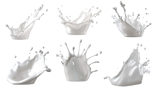 Dynamic Milk Splashes and Pours on White Background Generative AI