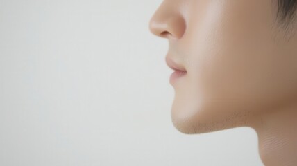 Closeup of an Asian man s profile with smooth, healthy skin, highlighted by soft, natural light   healthy skin, soft light, smooth profile