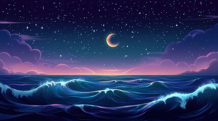 Dreamy ocean waves under a starry night sky with a crescent moon.