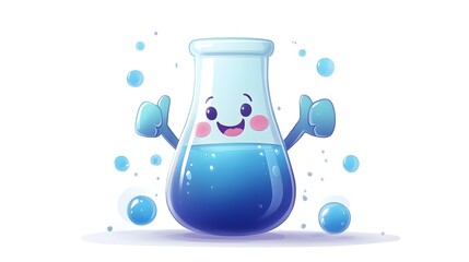 Cartoon test tube character filled with luminous blue liquid, joyful face, giving a thumbs up, shiny surface, cute and fun design, science theme illustration, white background