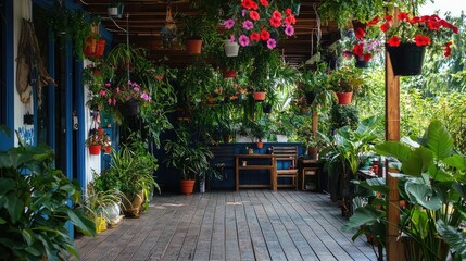 Obraz premium Lively Deck Adorned with Hanging Plants and Flowers