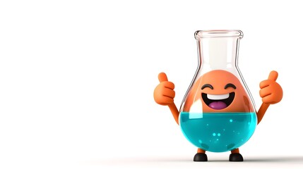 Happy test tube cartoon character, filled with glowing blue liquid, large smile, thumbs up, glossy surface, friendly expression, science mascot, white backdrop