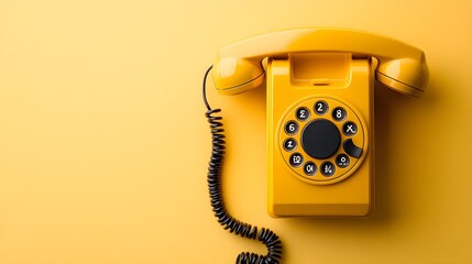Close-up of a vintage yellow rotary phone on a bold yellow background, emphasizing retro technology and nostalgic charm, minimalistic yet striking composition