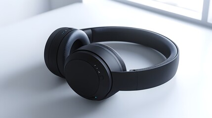 Sleek black stereo Bluetooth headphones on a white background, showcasing minimalistic modern design, clean lines, and high-tech appeal