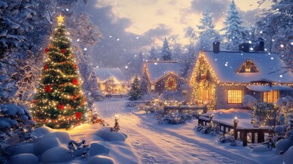 Snow-covered village adorned with festive Christmas lights.