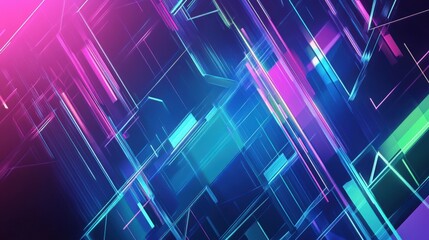 Futuristic neon geometric abstract with vibrant blue and pink hues.