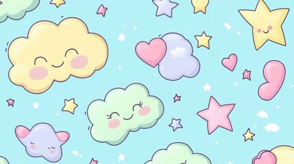 Adorable cartoon clouds and stars on a light blue background.