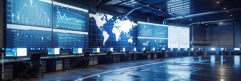 Poster a logistics control center features large screens showing real-time data for deliveries and route ma