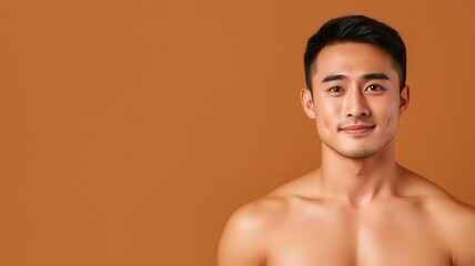 Fototapeta premium Closeup of an Asian man with perfectly smooth skin, cleanshaven and glowing under soft lighting smooth skin, cleanshaven, glowing face