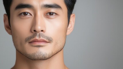 Obraz premium Closeup of an Asian man with perfectly smooth skin, cleanshaven and glowing under soft lighting smooth skin, cleanshaven, glowing face