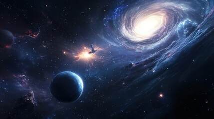 Stunning spiral galaxy with nearby planets in deep space.